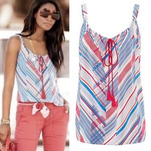 Cabi #5230 Inline Print White Red & Blue‎ Striped Tassel Tank Top Size S